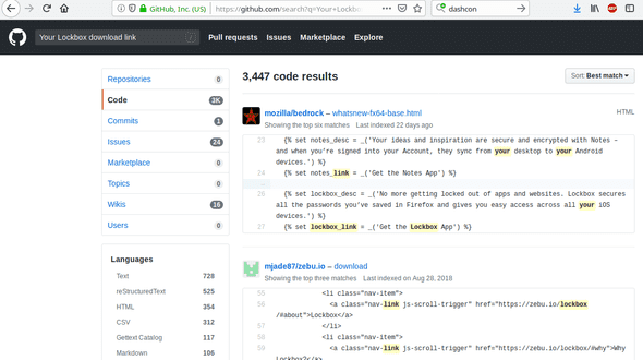 A search at github.com for the phrase 'Your Lockbox download link' with a few results