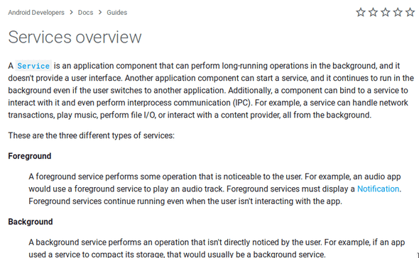 a screenshot of https://developer.android.com/guide/components/services, it's a description of what Service does and what it uses