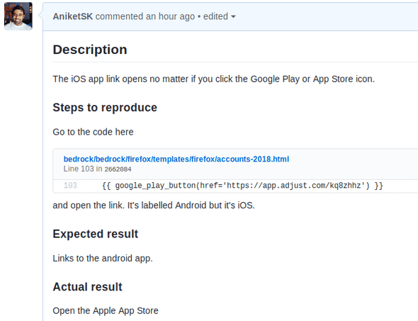 Screenshot showing the github issue at https://github.com/mozilla/bedrock/issues/7103